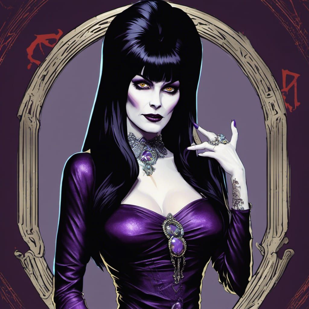 Elvira, the Queen of the Dead, iconic gothic appearance, head and shoulders portrait, 8k resolution concept art Mucha dy...