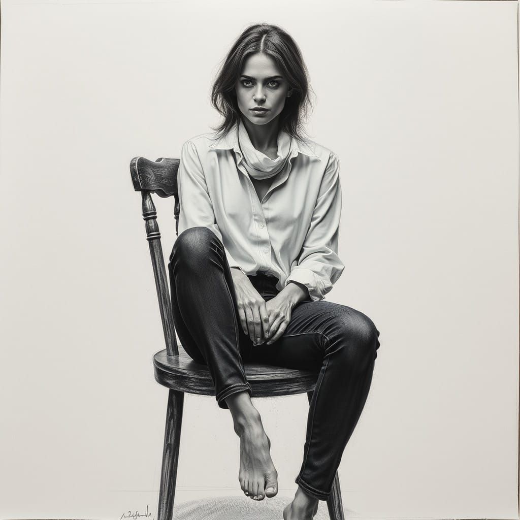 Woman in Contemplation, Charcoal Drawing