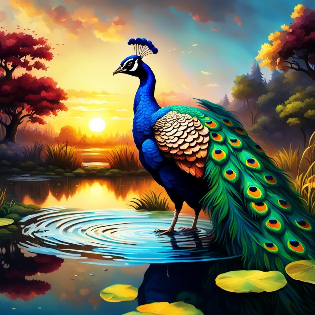 a peacock drinking water