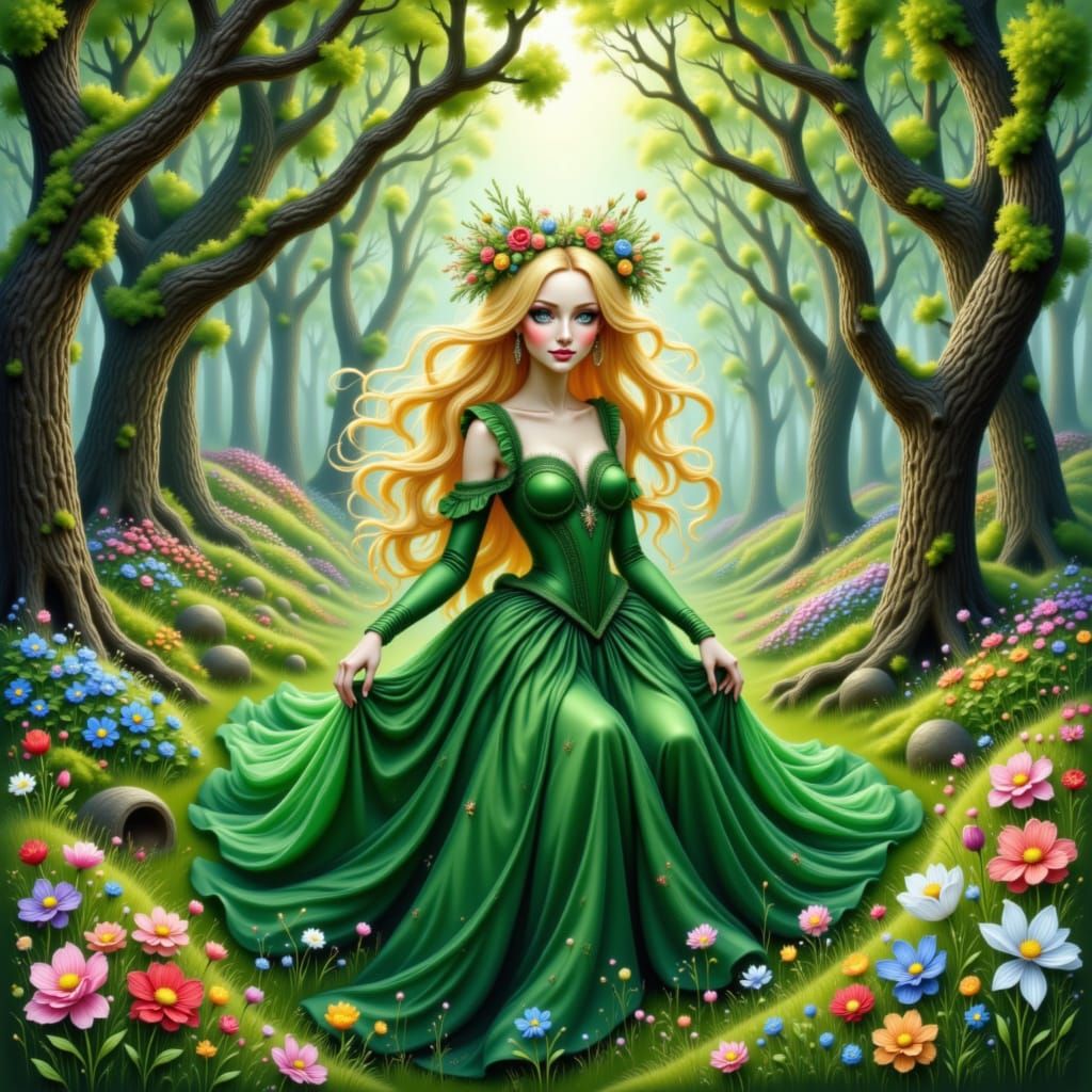Forest Princess in Spring Fairytale Illustration