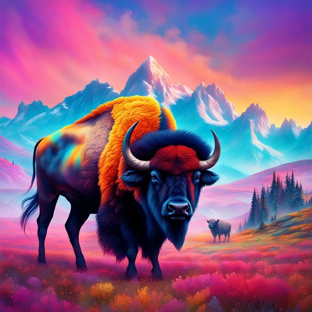 Colorful Buffalo and Native Elder in Surreal Landscape