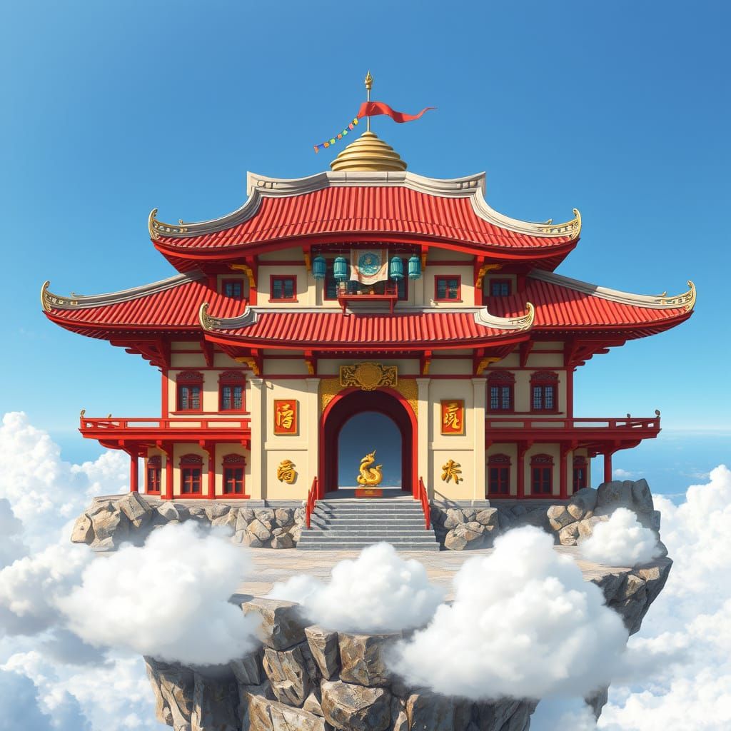 Japanese Temple with Dragon Statue in the Clouds