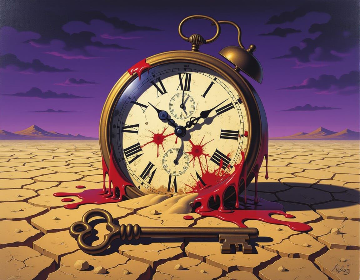 Surreal Melting Clock on Cracked Earth in Dalí Style
