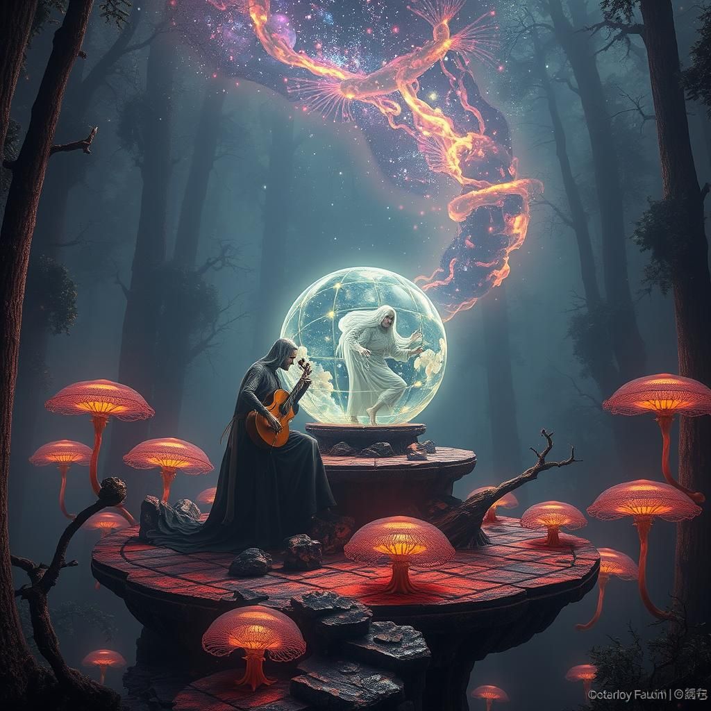 Ethereal Cellist in Foggy Mycelium Network