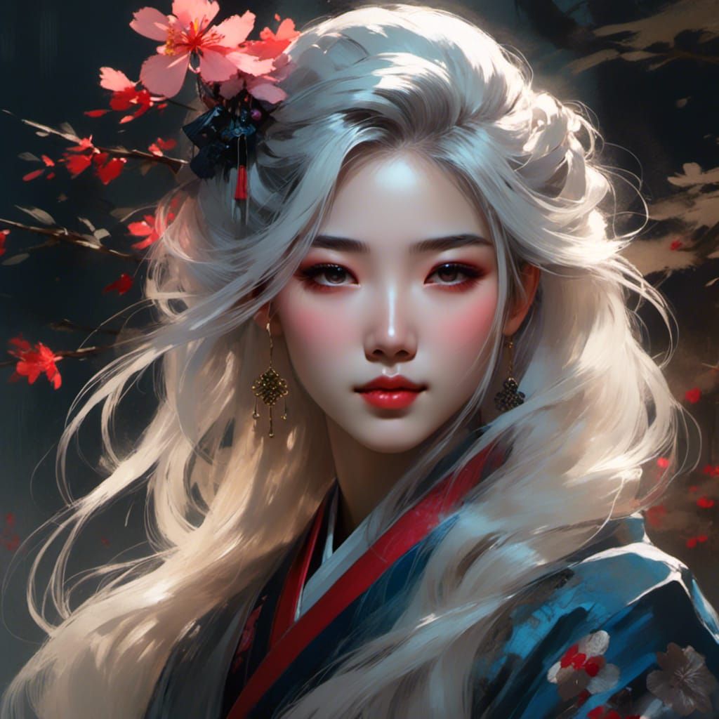 Gothic Geisha Portrait in Anime Style, Night Garden
