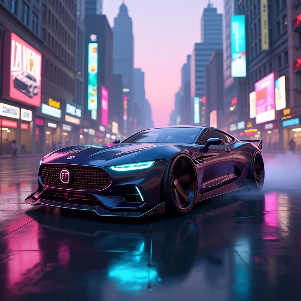 Futuristic FIAT LINEA in Cyberpunk Cityscape