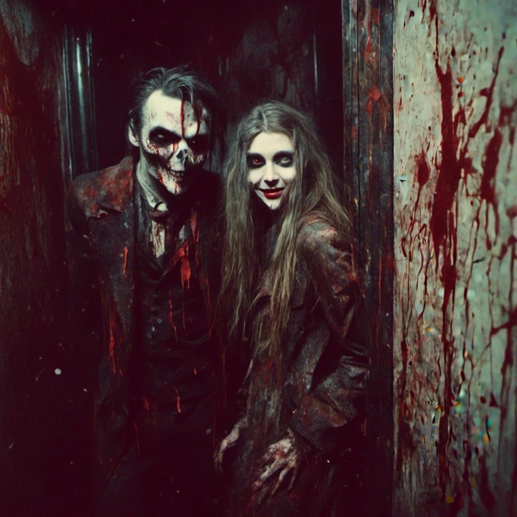 Macabre Vampire Scene in Blood Splattered Elevator