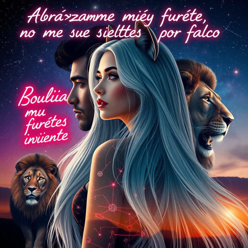 Romantic Cosmic Double Exposure with Woman and Lion
