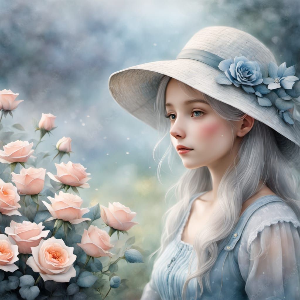 Whimsical Girl with Roses in Dreamy Landscape