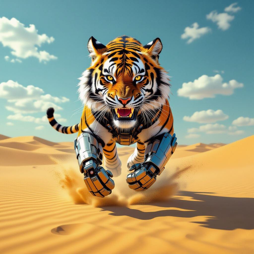 Cyborg Tiger Running on Sand in Hyperrealistic Style