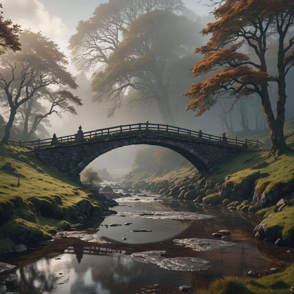 Stone Bridge in Foggy Scottish Landscape