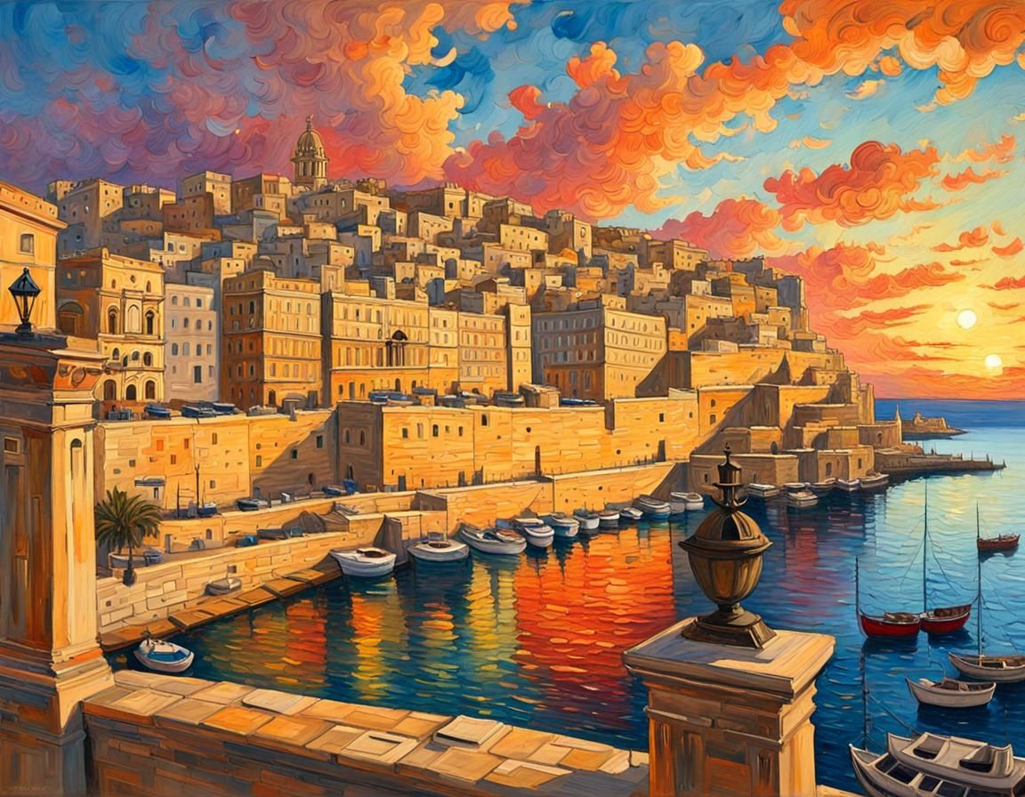 Valleta Grand Harbor in Impressionist Gouache Style