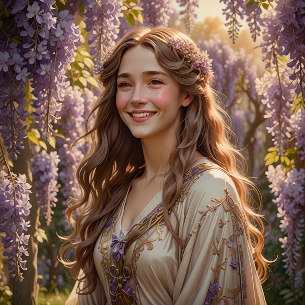 Smiling Woman in Wisteria Field, Art Nouveau Style