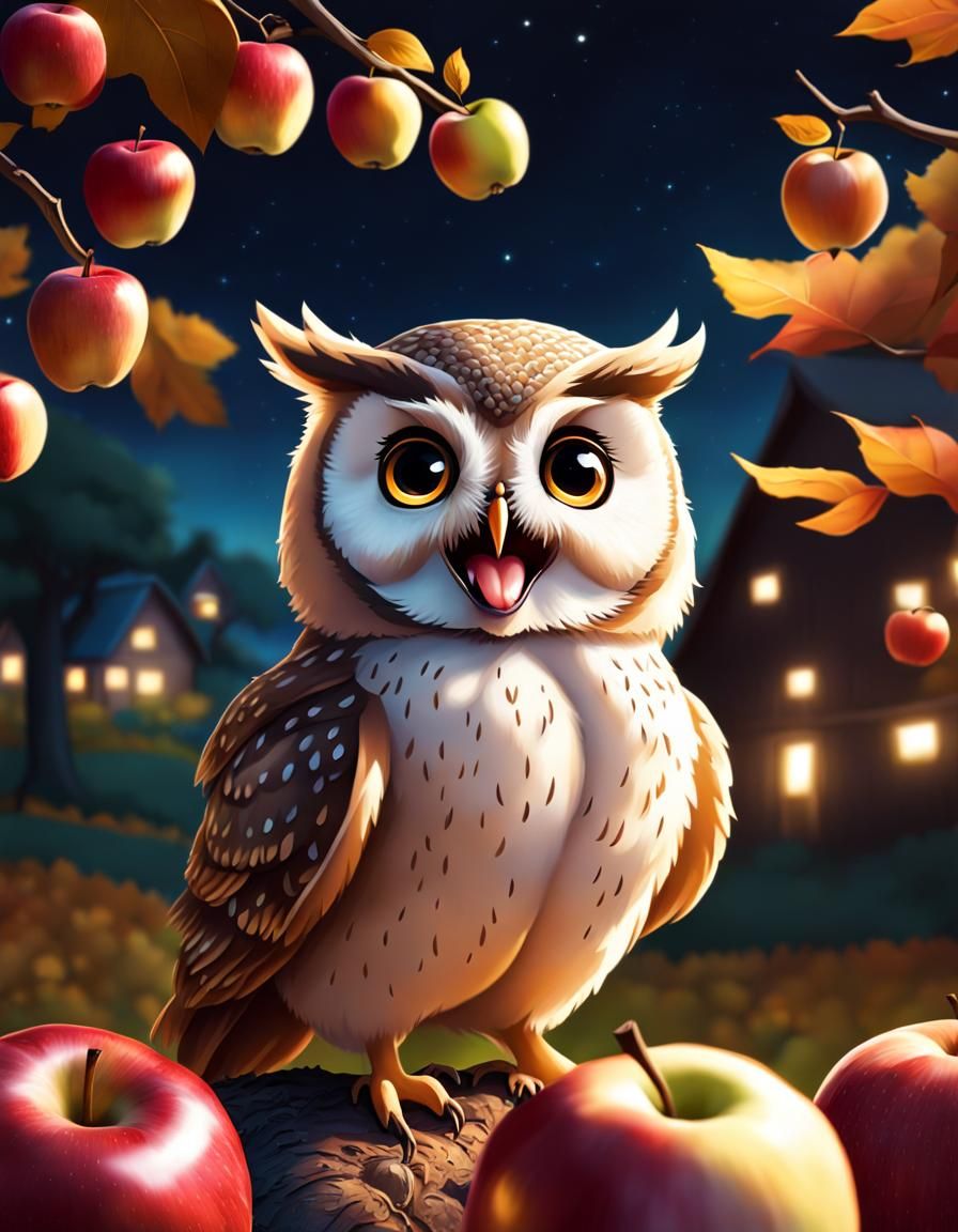 Happy Chibi Owl in Autumn Orchard at Night
