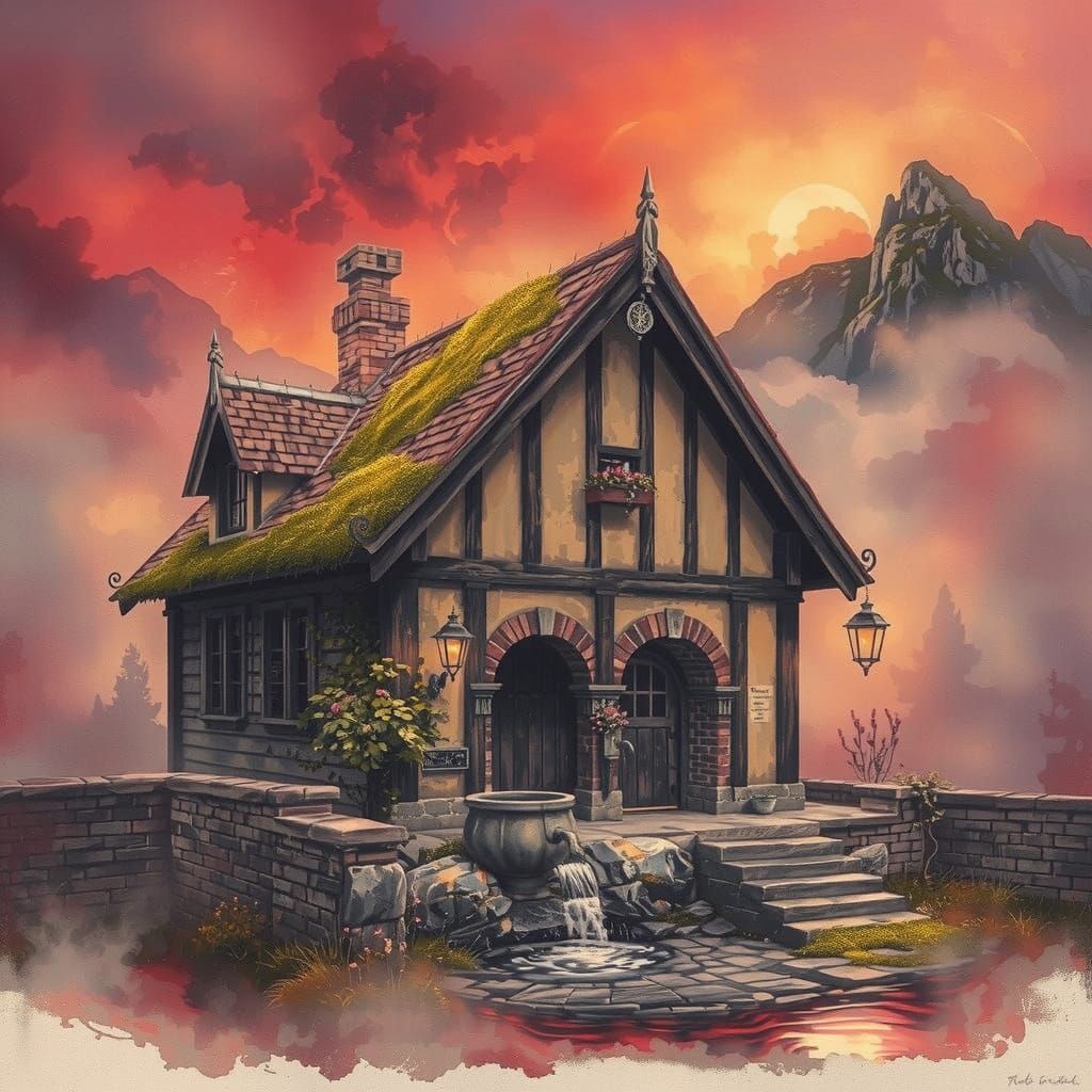 Ethereal Medieval Barn Amidst Foggy Mountains