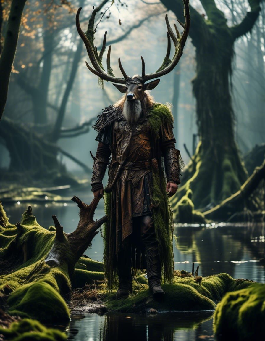 Druid in Swamp with Deer Antlers, Photorealistic Portrait