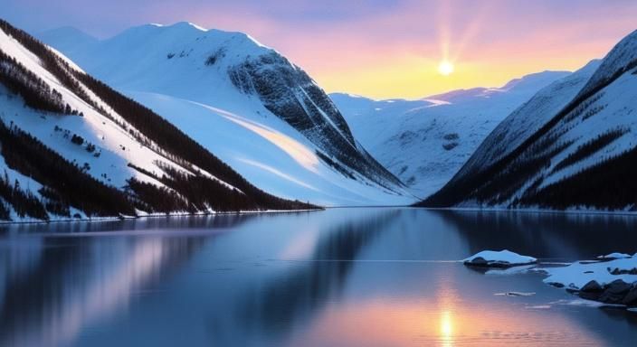 Winter Fjord Sunrise: Photorealistic Watercolor