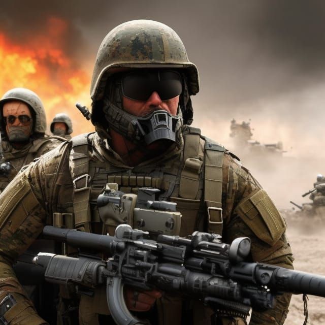 Soldier's Portrait in War-Torn Battlefield: Realistic Milita...