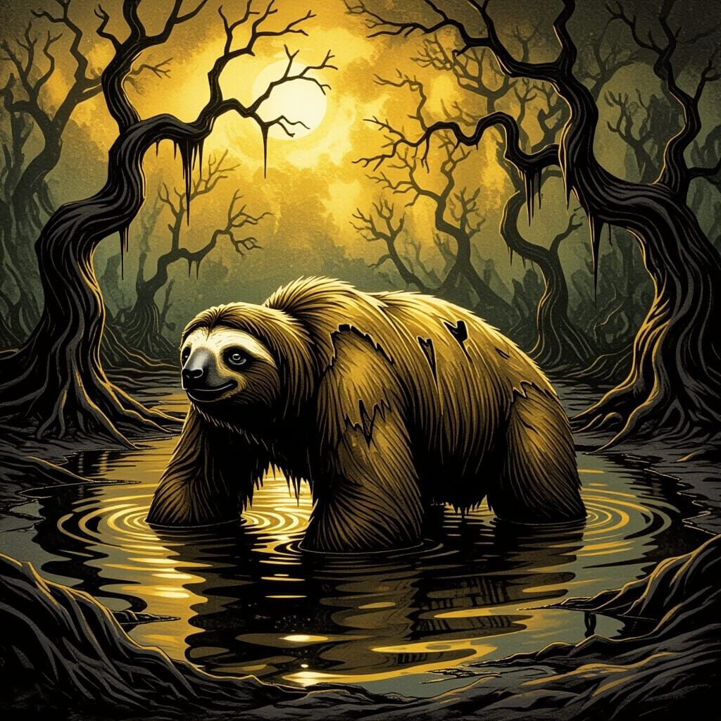 Giant Sloth Crawling Through a Tar Pit