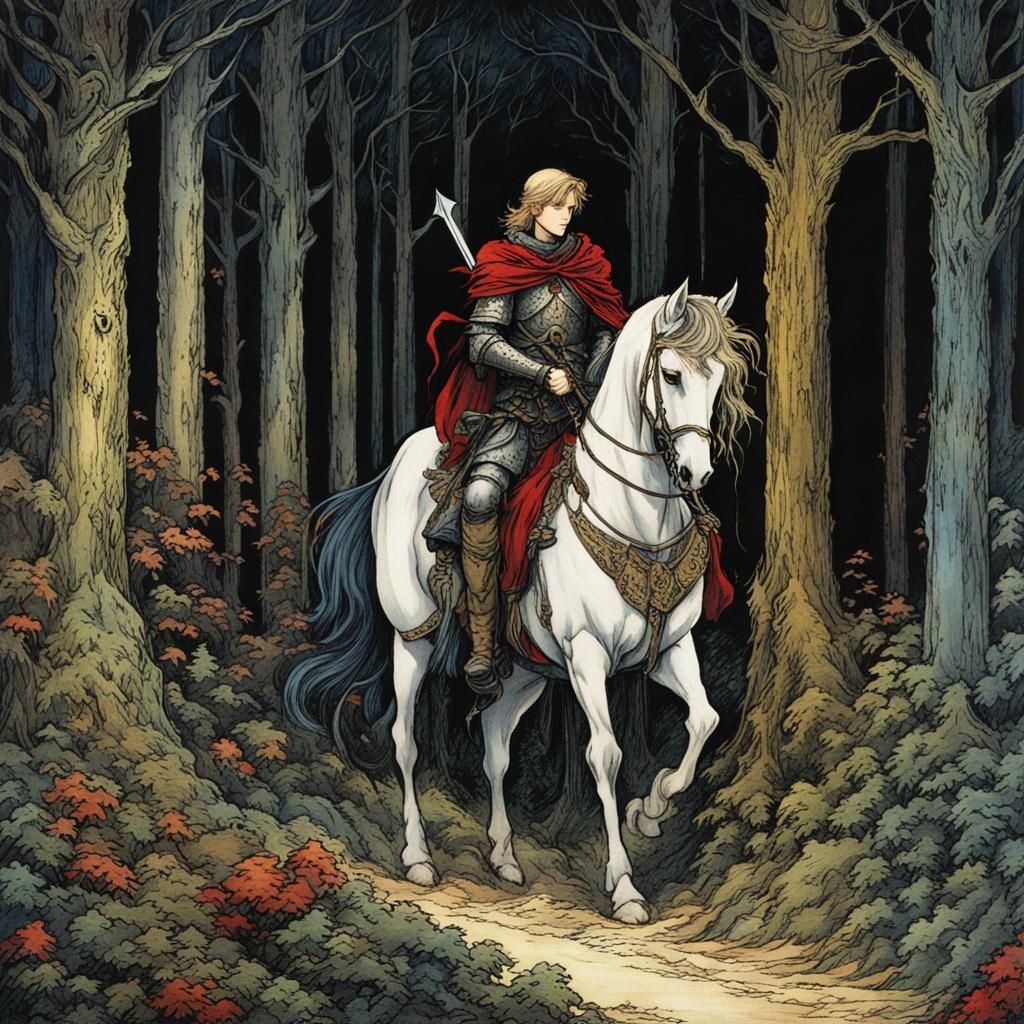 Knight and Child in Dark Forest, Anime Style
