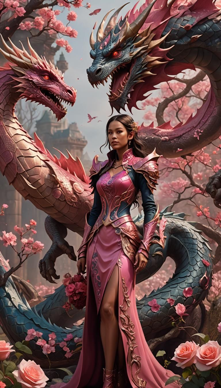 Woman with Dragon in Detailed Matte Painting