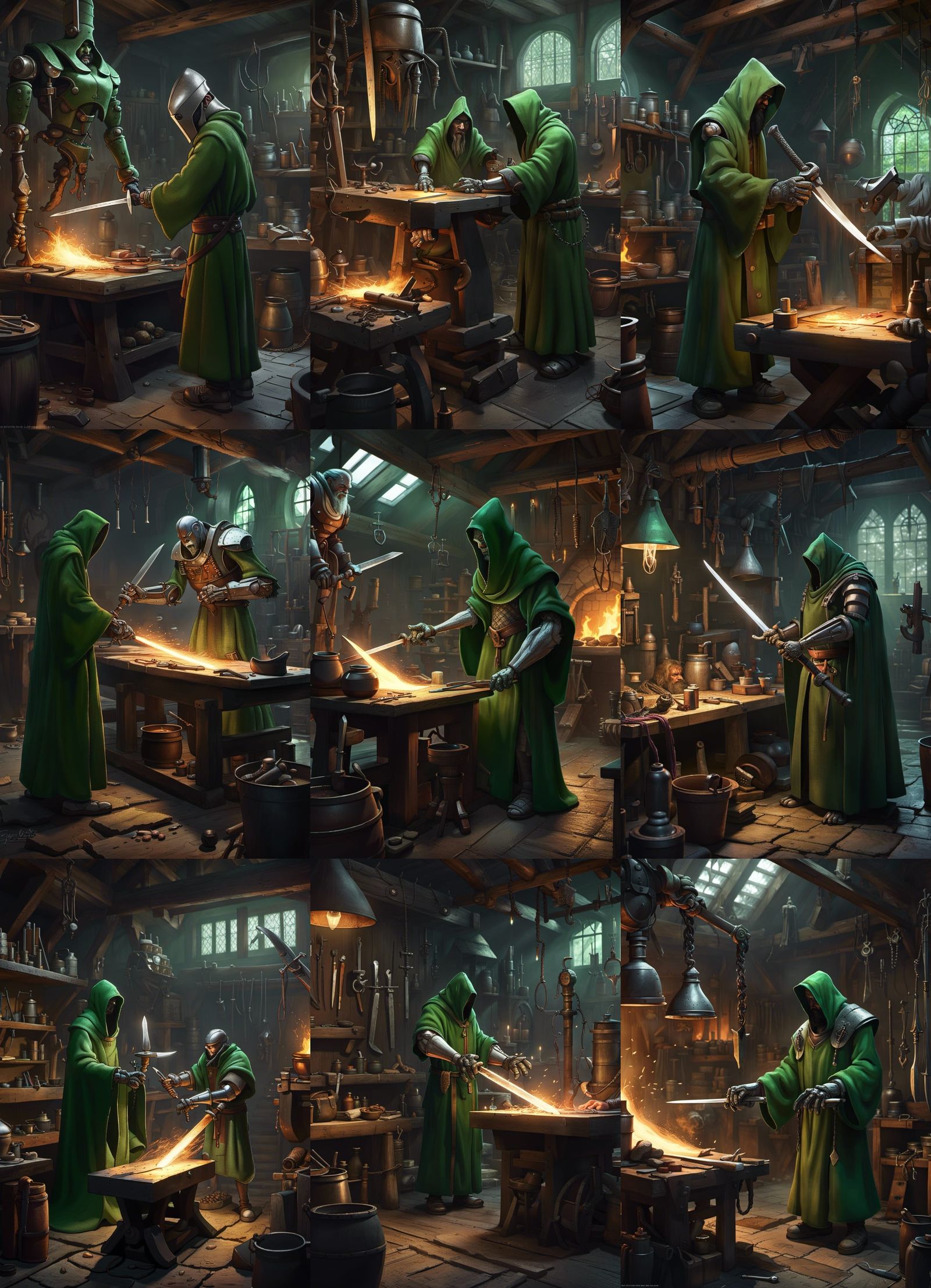 Robot Blacksmith in Fantasy Shop, Dark Fantasy Concept Art