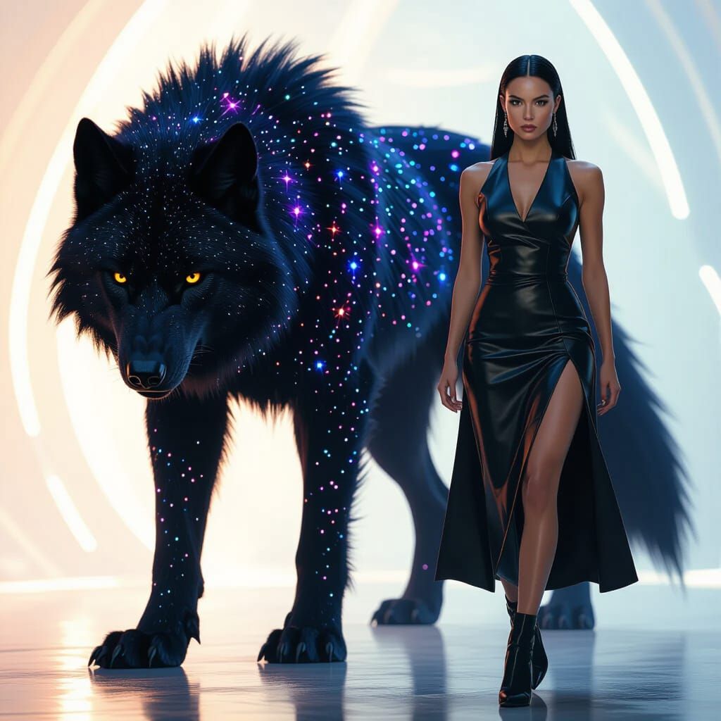 Woman and Constellation Wolf in Futuristic Editorial Style