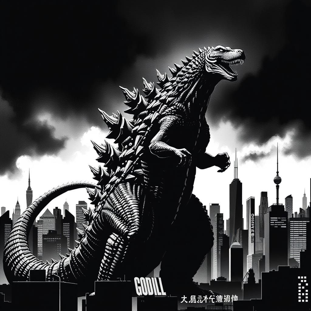 Godzilla in Stark Black and White Cityscape
