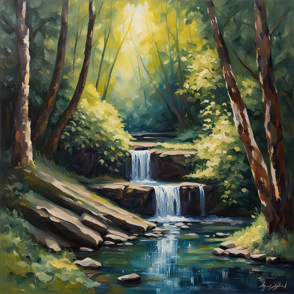 Tenebrism Grotto in Ancient Forest, Impasto Painting