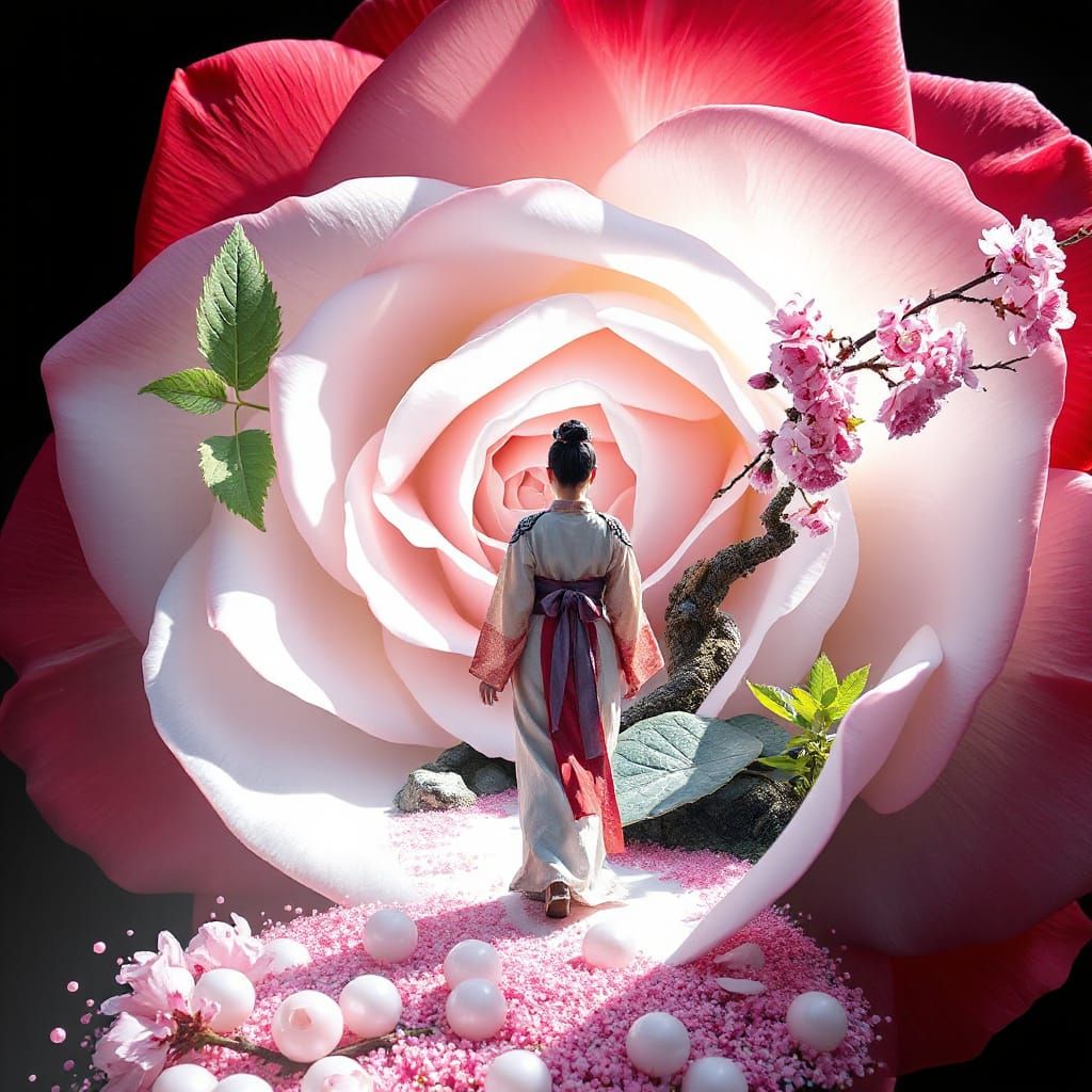 Ethereal Samurai Woman Strolls in Zen Garden