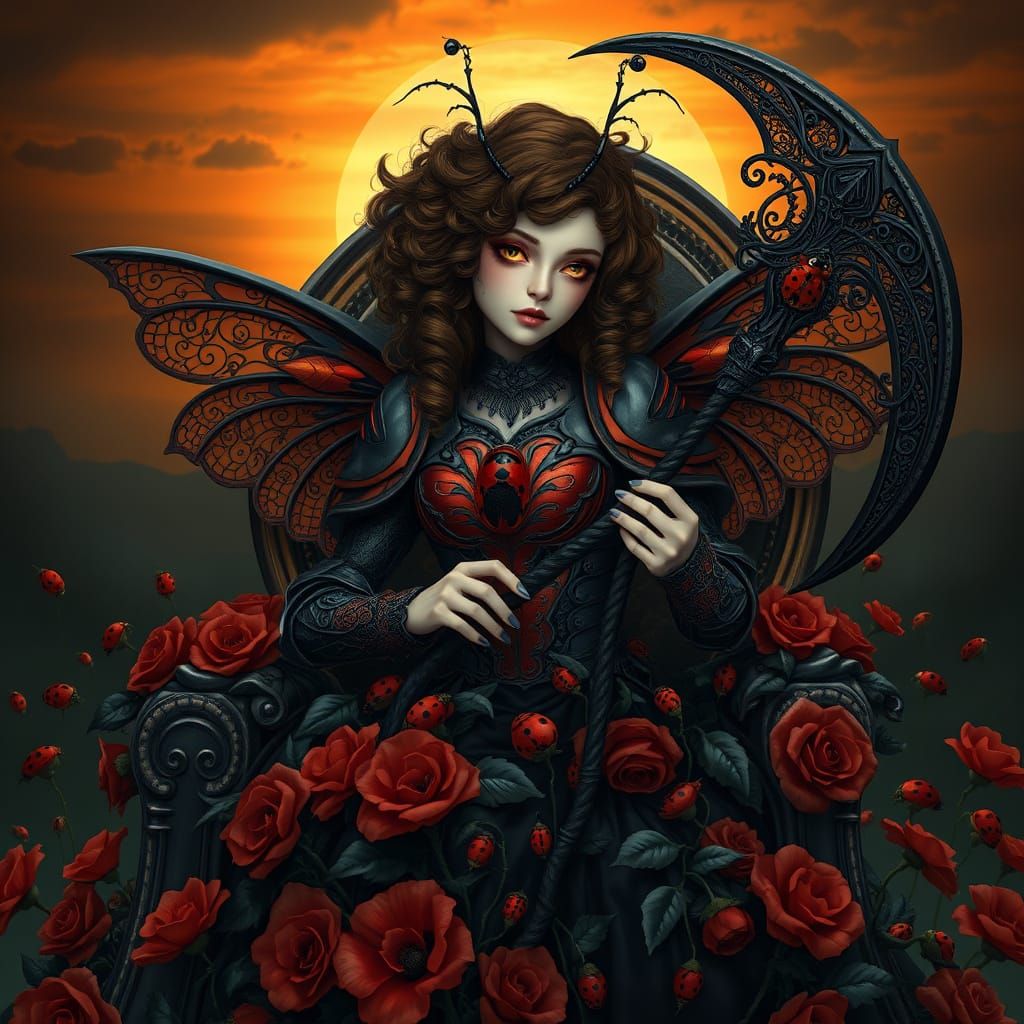 Dark Fantasy Ladybug Queen with Gothic Scythe and Delicate W...