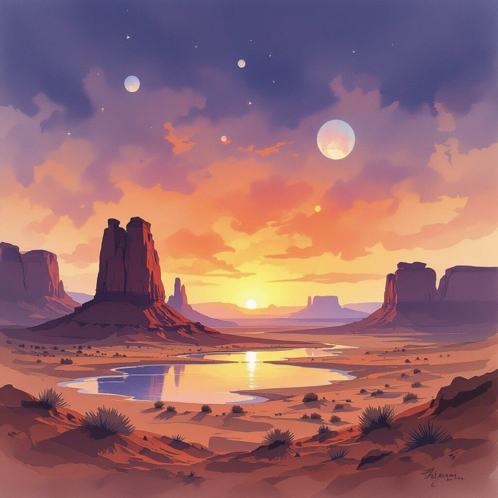 Surreal Desert Sunrise with Balanced Rocks and Alien Sky