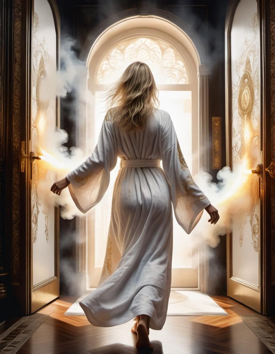 Blonde Woman in White Robe: Watercolor Fractal Art