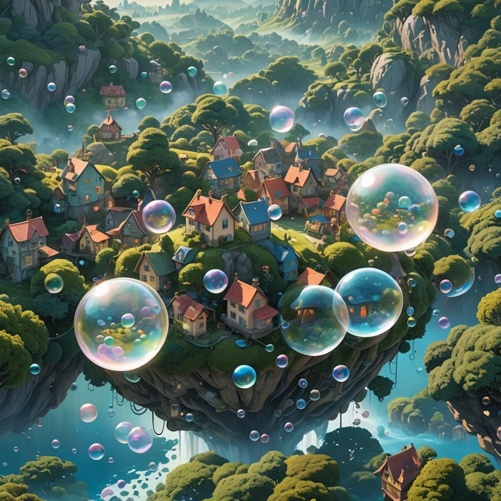 Bubbles Floating Over Forest, Miyazaki-Inspired Art