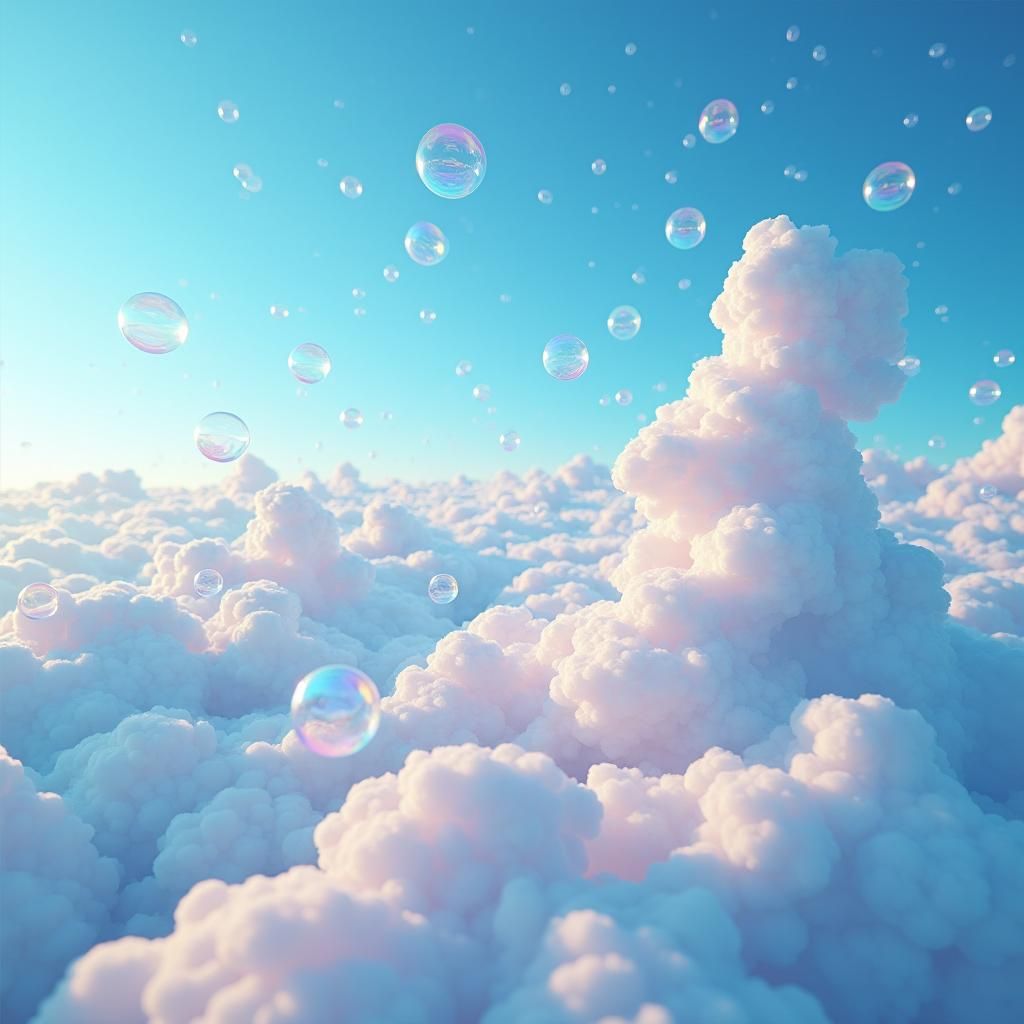 Iridescent Bubbles Floating in Cobalt Sky
