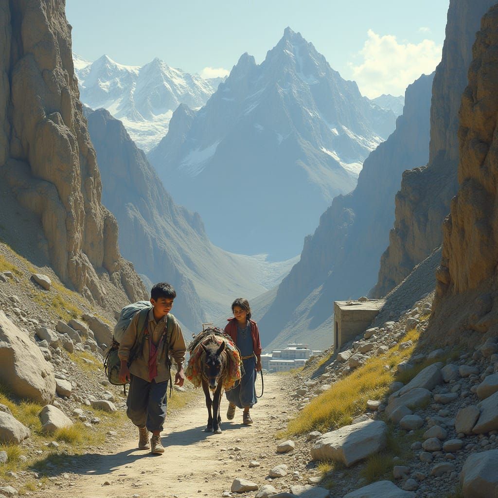 Young siblings navigate rugged mountain trails to school in....