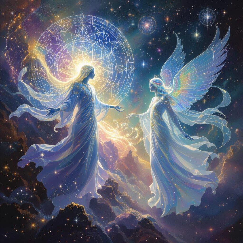 Ethereal Light Beings Interacting with Cosmic Symbols