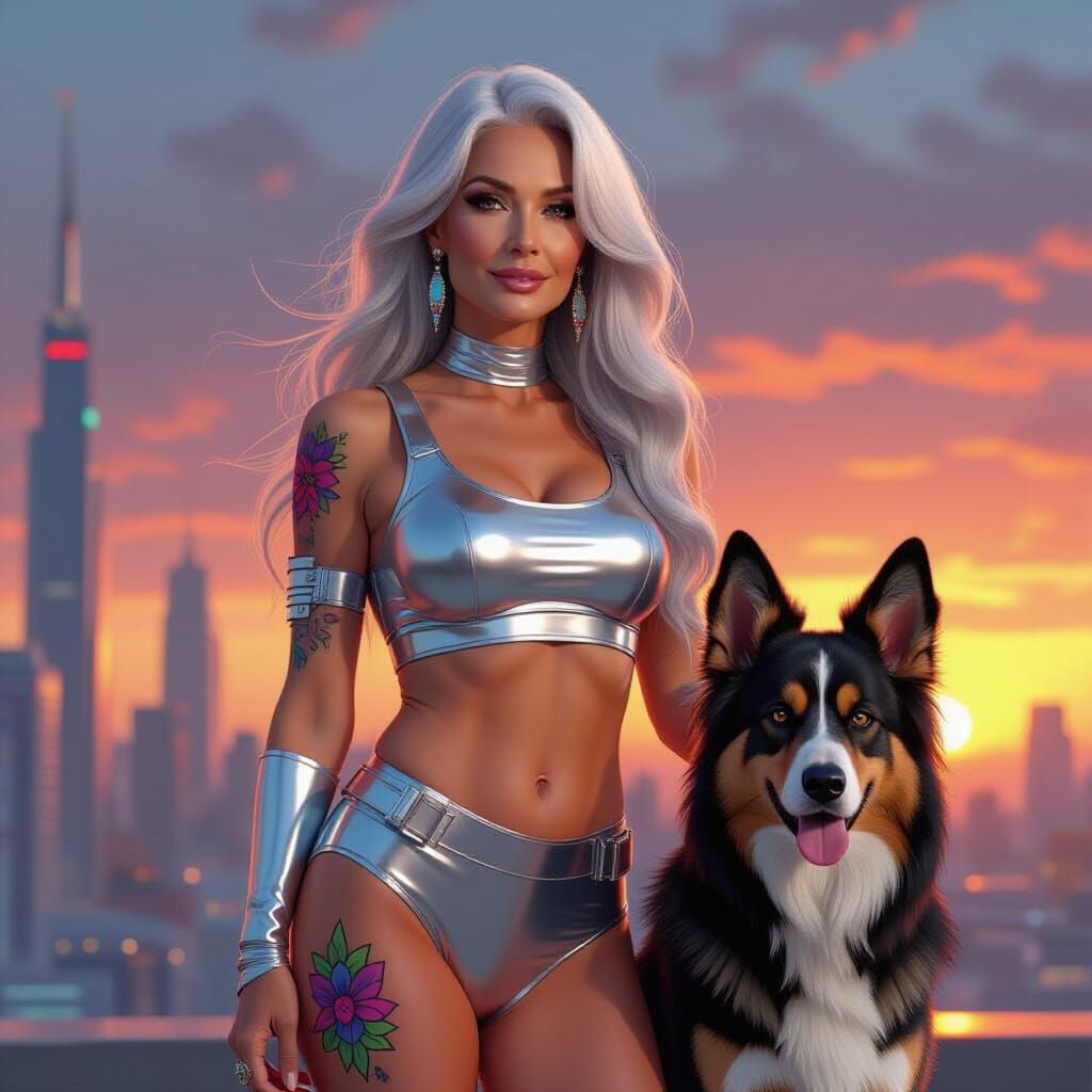 Futuristic Woman with Dog in Sunset Cityscape
