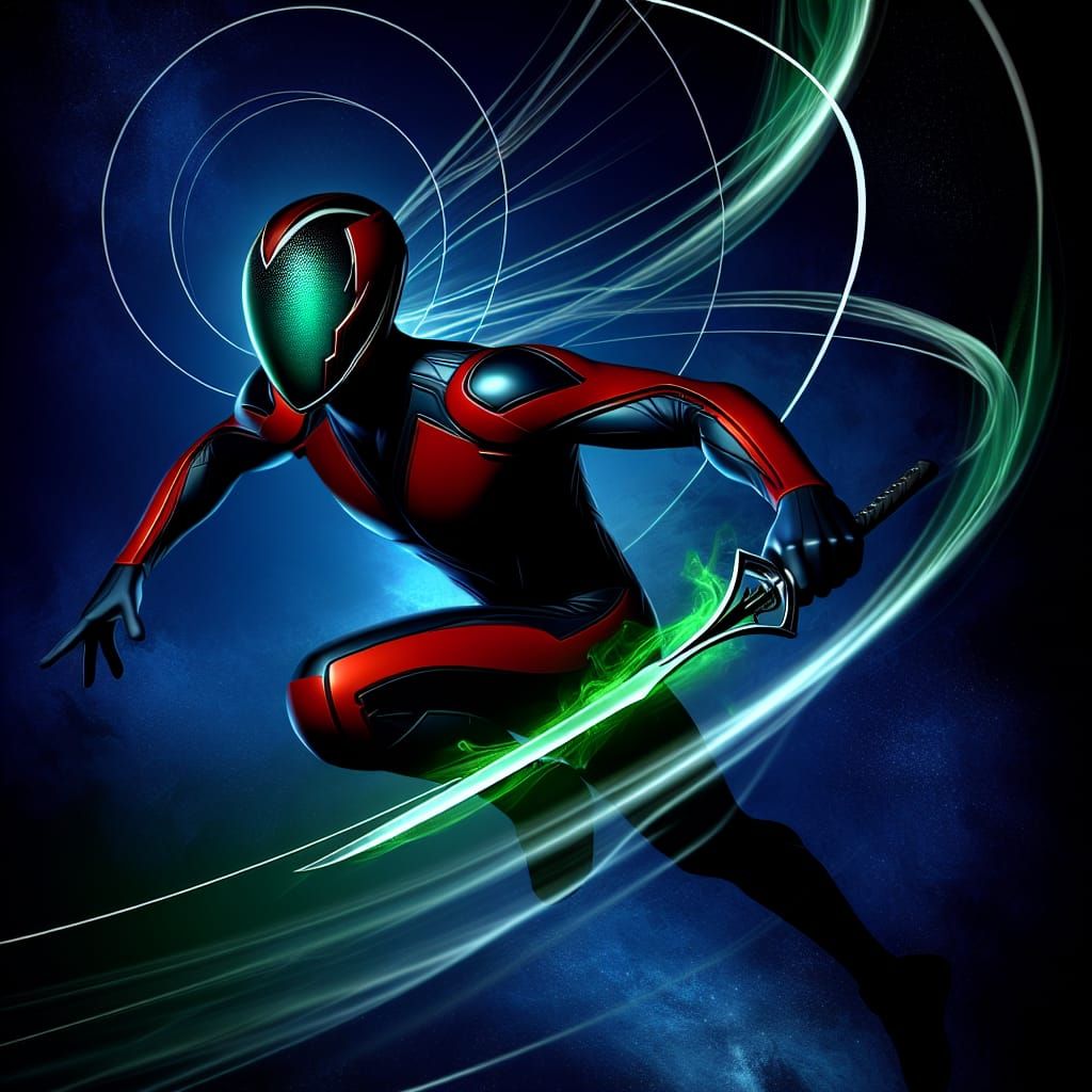 Futuristic Warrior with Glowing Blades in Space