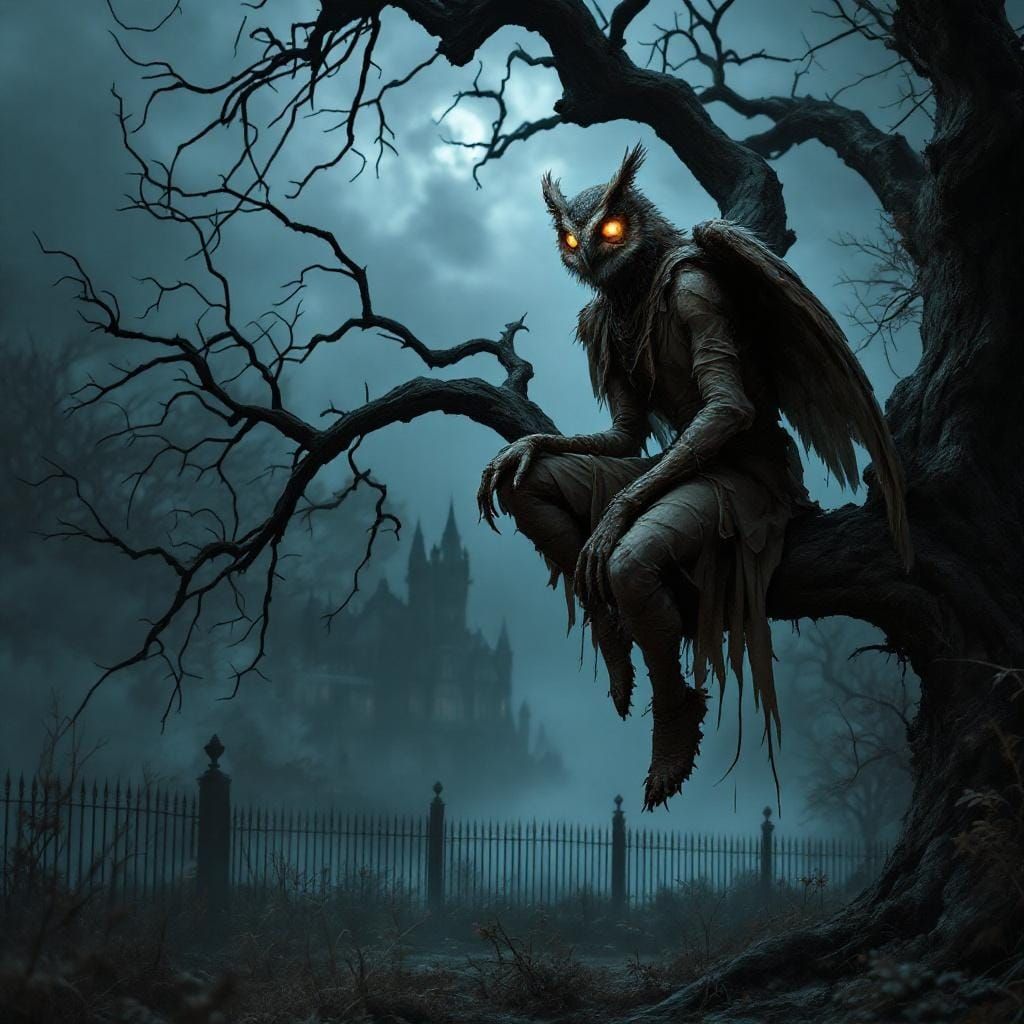 Mysterious Owl-Headed Figure in Darkly Atmospheric Scene