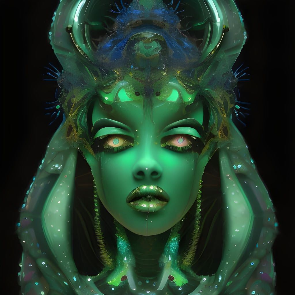 Ornate Alien Queen with Fractal Gems in Digital Oil