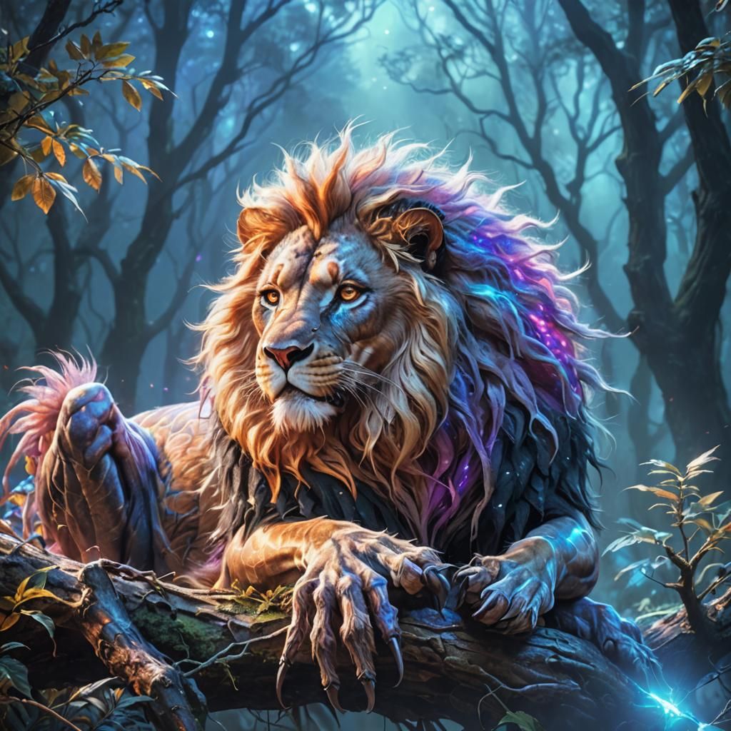 Spider Lion in Misty Forest: Digital Fantasy Art