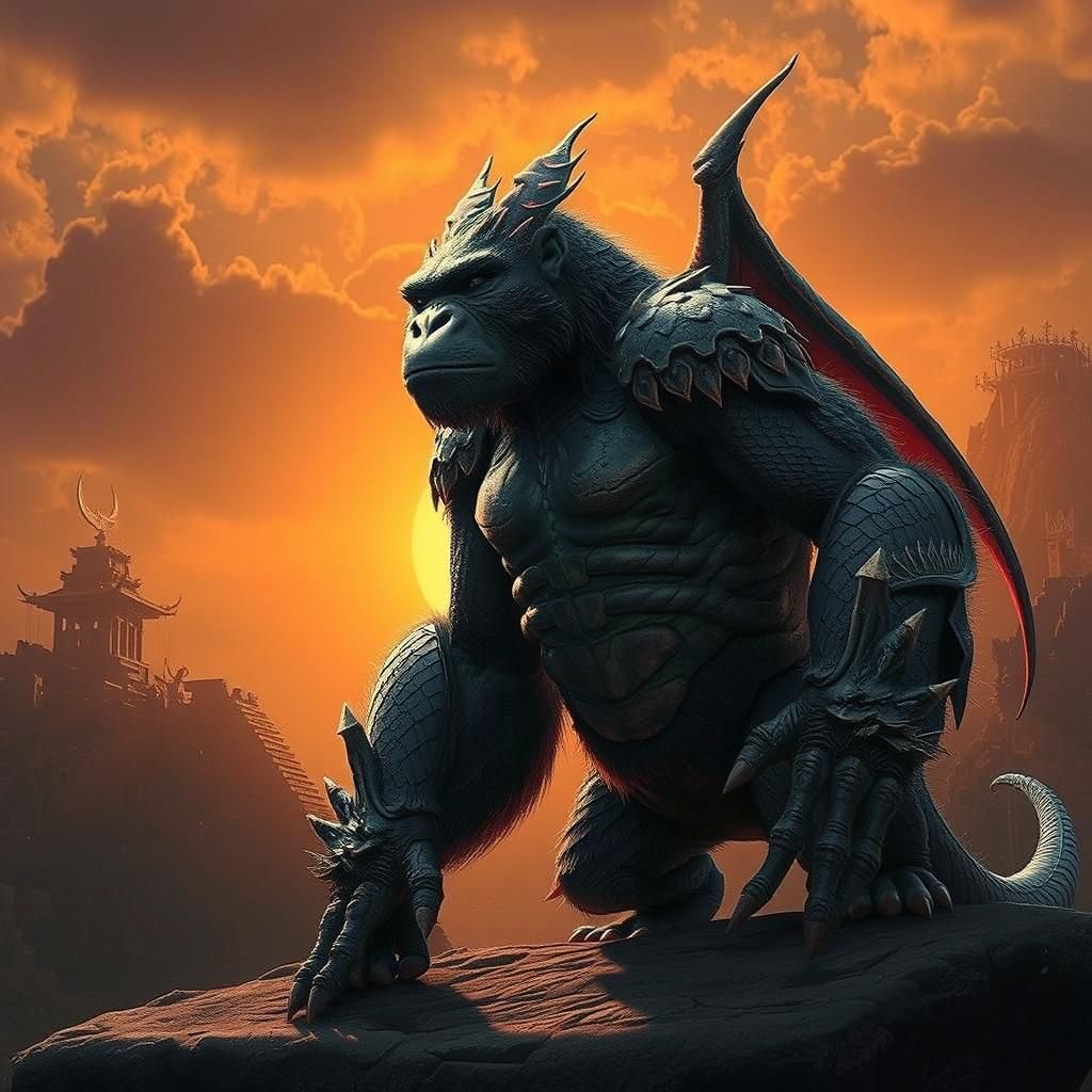 Majestic Gorilla Dragon on Ancient Temple Ruins
