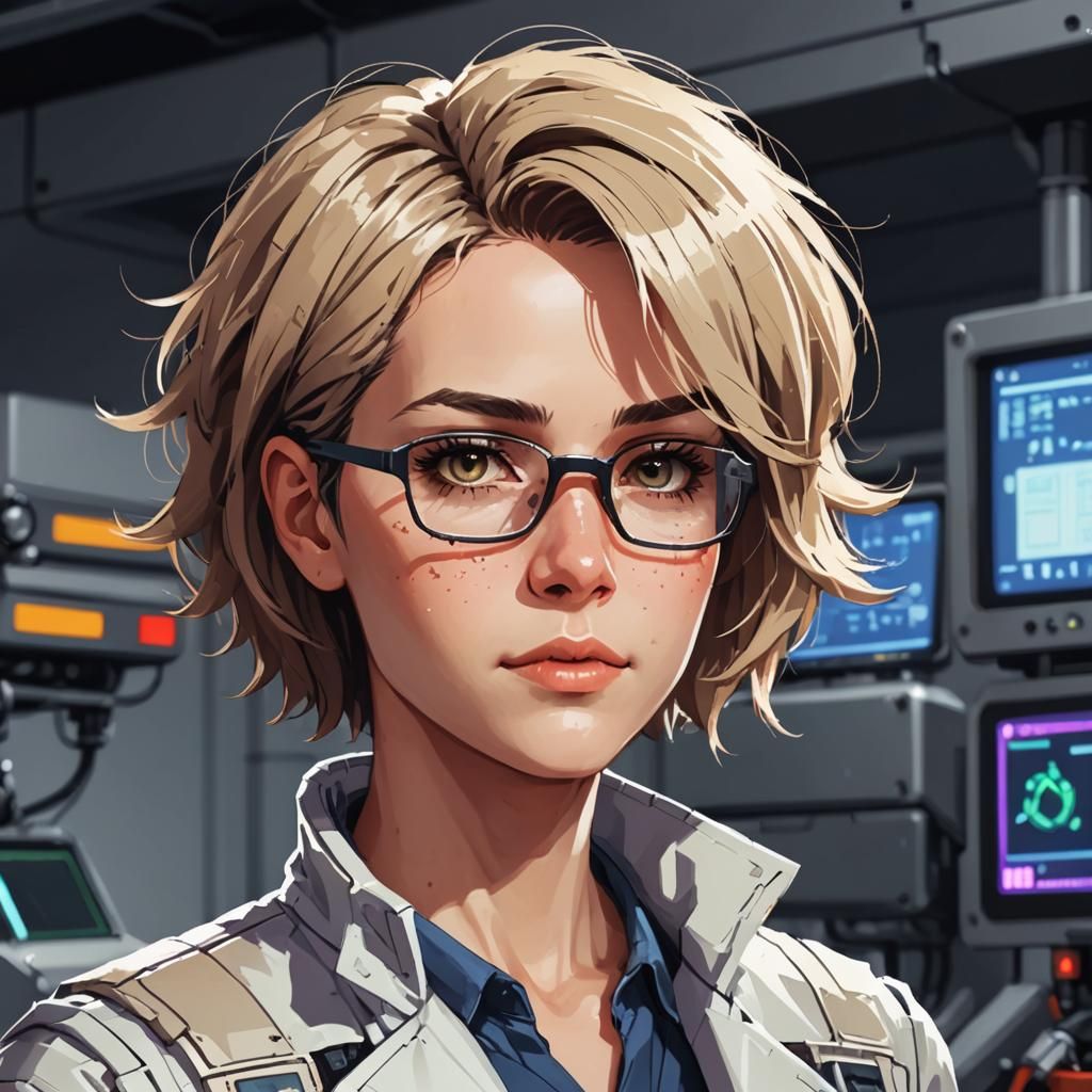 Sci-Fi Starship Scientist Performing Repairs in Pixel Art