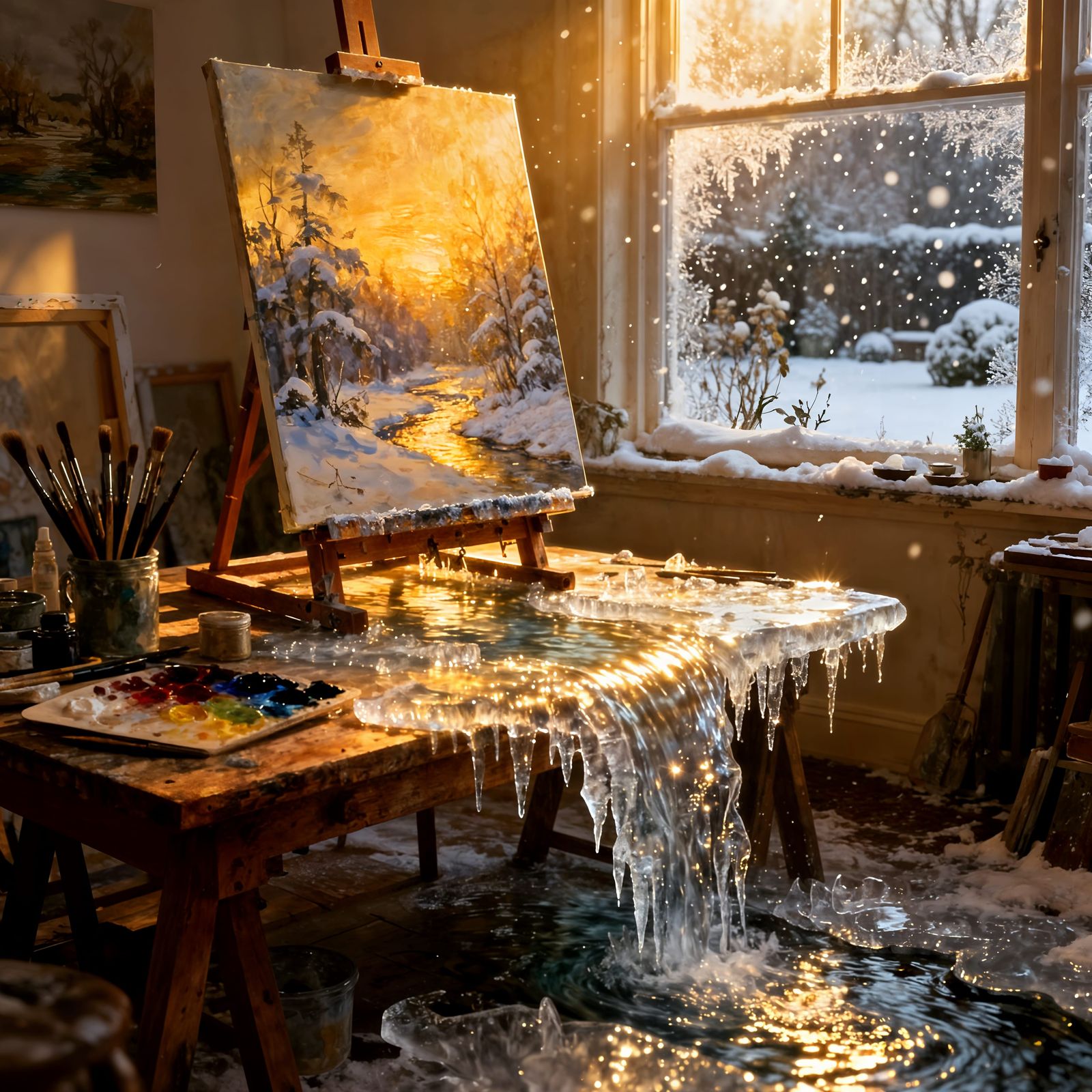 Magical Artist Studio with Winter Landscape Painting