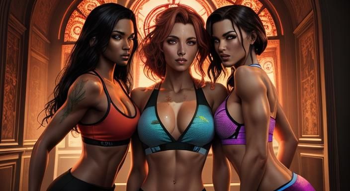 Dynamic Girl Group Workout in Arthur Rackham Style