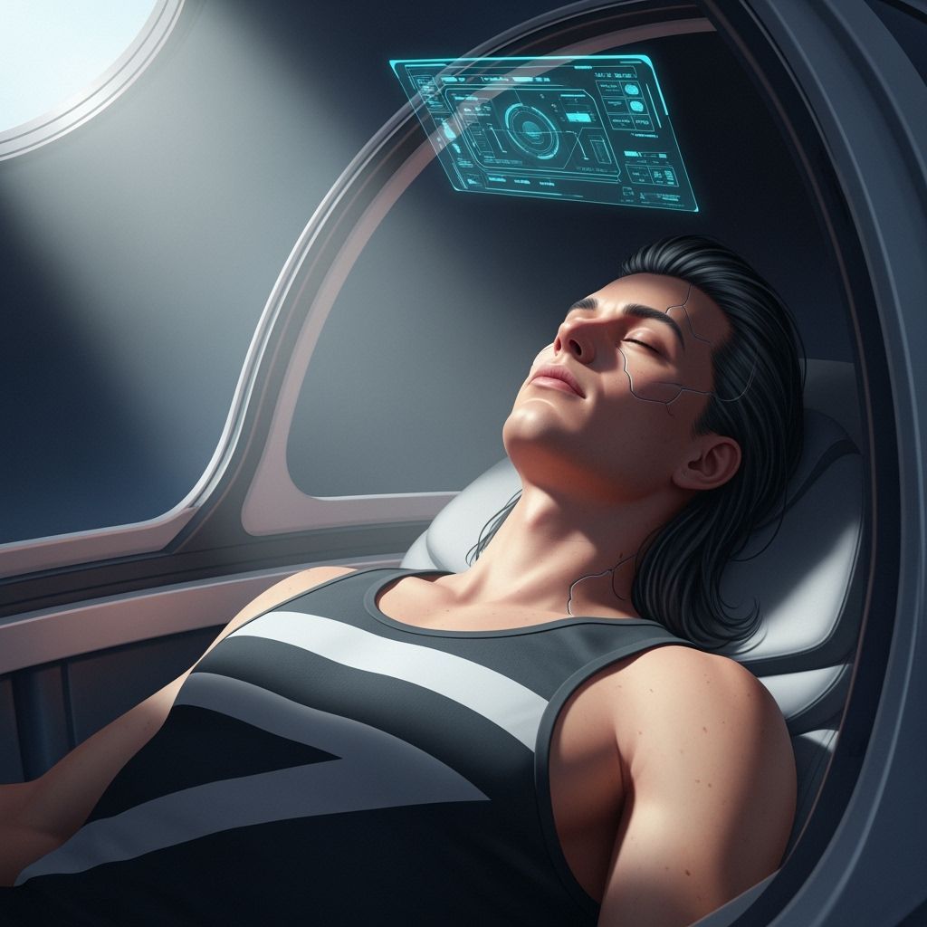 Cyberpunk Figure Relaxed in Futuristic Pod with Sunlight
