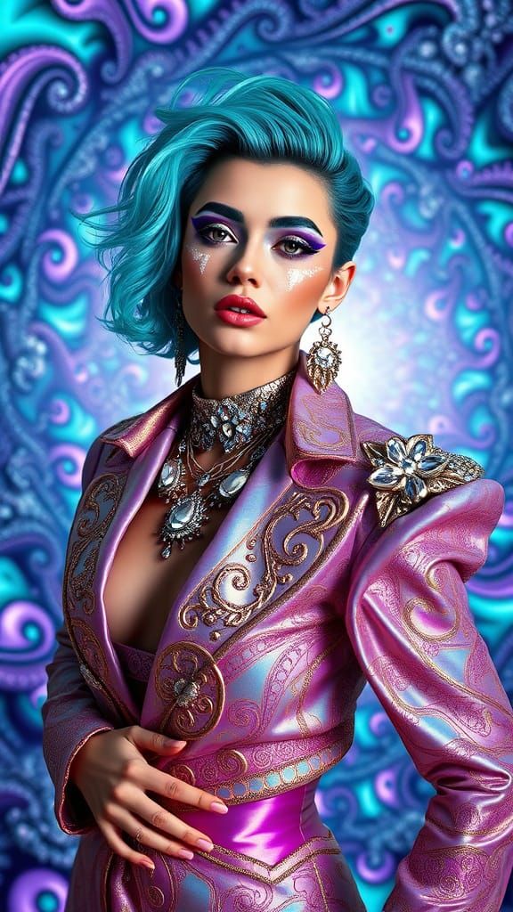 Androgynous Figure in Neon Aqua Hair and Glitter Silver Make...