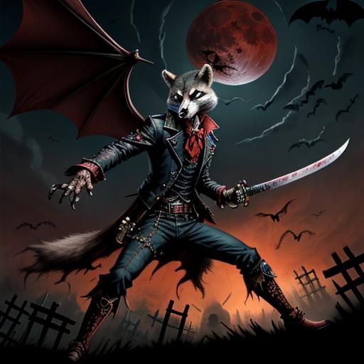 Steampunk Vampire Raccoon Under Blood Moon