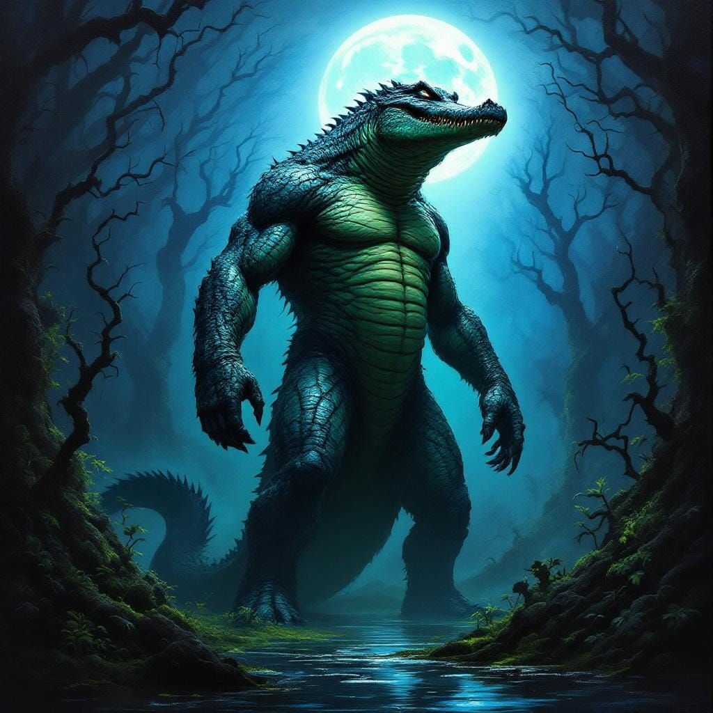 Anthropomorphic Alligator-Man in Dark Fantasy Oil Painting